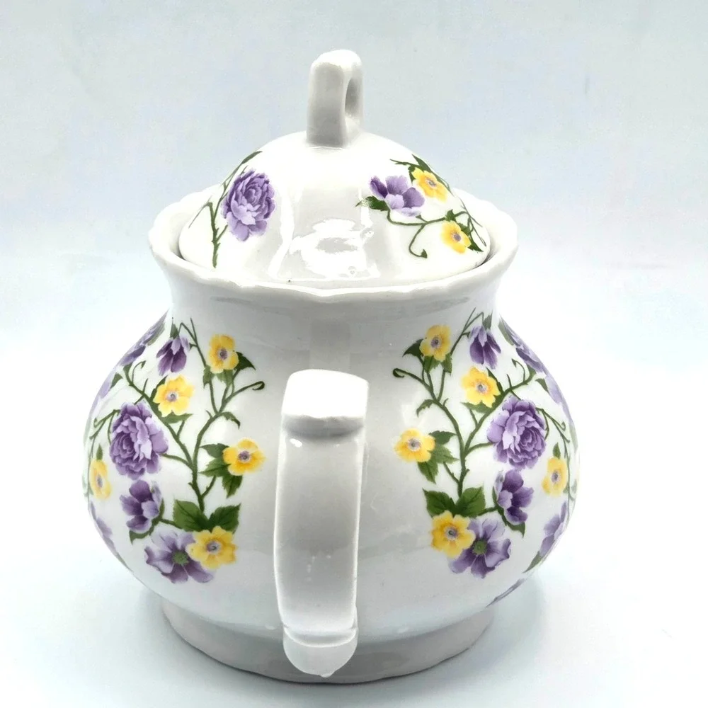 Vintage‎ Teapot Purple and Yellow Flowers Unmarked Cottage Core